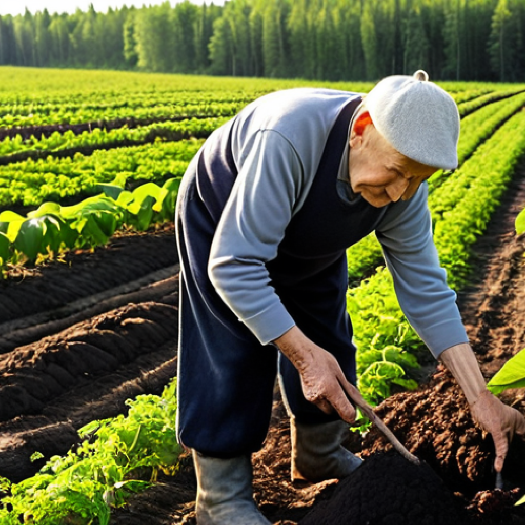 A serene and harmonious scene on an organic farm in the Russian countryside. An elderly, wise-looking Russian farmer, perhaps with weathered hands, is gently tending to flourishing, diverse crops in rich, dark soil. The atmosphere conveys deep respect for nature, sustainability, and the philosophy of living in harmony with the land. The sunlight is warm and natural, highlighting the health and vitality of the ecosystem.