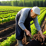 A serene and harmonious scene on an organic farm in the Russian countryside. An elderly, wise-looking Russian farmer, perhaps with weathered hands, is gently tending to flourishing, diverse crops in rich, dark soil. The atmosphere conveys deep respect for nature, sustainability, and the philosophy of living in harmony with the land. The sunlight is warm and natural, highlighting the health and vitality of the ecosystem.