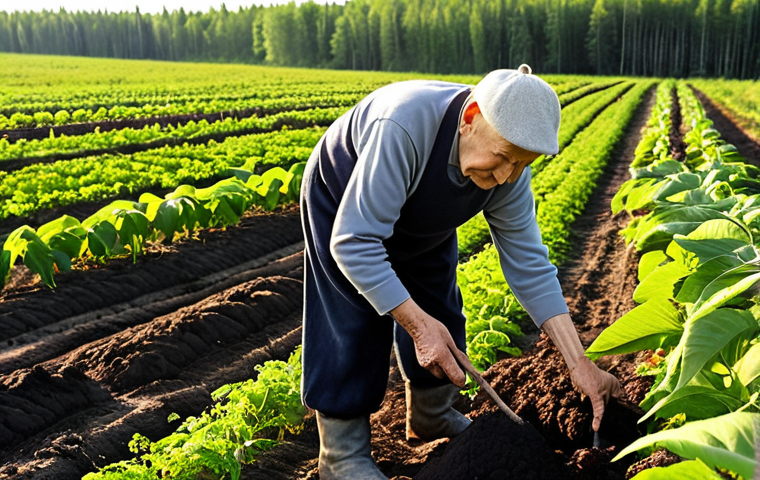 A serene and harmonious scene on an organic farm in the Russian countryside. An elderly, wise-looking Russian farmer, perhaps with weathered hands, is gently tending to flourishing, diverse crops in rich, dark soil. The atmosphere conveys deep respect for nature, sustainability, and the philosophy of living in harmony with the land. The sunlight is warm and natural, highlighting the health and vitality of the ecosystem.