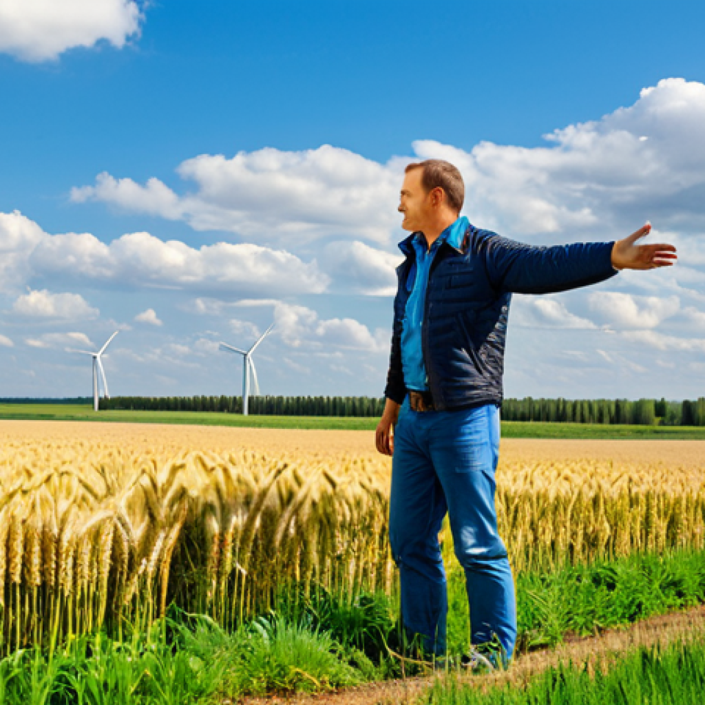 Modern Organic Farm**

"A panoramic view of a thriving organic farm in the Russian countryside, golden wheat fields swaying gently in the breeze, a farmer in appropriate attire (jeans, work shirt, optional jacket) inspecting the crops, clear blue sky with fluffy clouds, windmills in the distance providing clean energy, safe for work, appropriate content, fully clothed, professional photography, perfect anatomy, natural proportions, family-friendly."

**