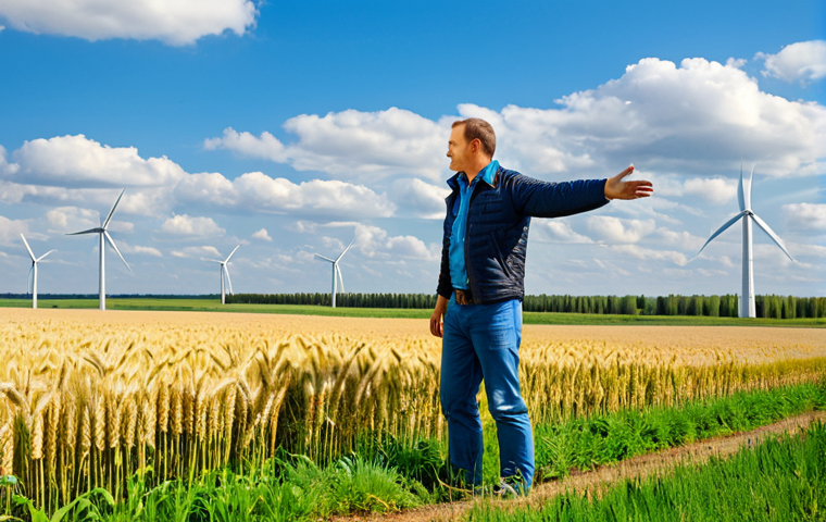 Modern Organic Farm**

"A panoramic view of a thriving organic farm in the Russian countryside, golden wheat fields swaying gently in the breeze, a farmer in appropriate attire (jeans, work shirt, optional jacket) inspecting the crops, clear blue sky with fluffy clouds, windmills in the distance providing clean energy, safe for work, appropriate content, fully clothed, professional photography, perfect anatomy, natural proportions, family-friendly."

**