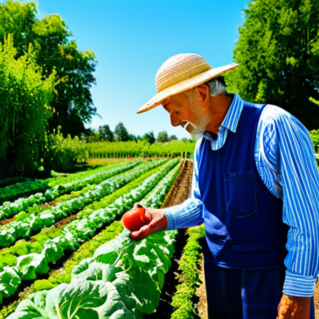 유기농업 자격증 취득 후 업무 변화 - Organic Farmer Inspecting Crops**

A seasoned farmer, fully clothed in work attire, carefully examin...