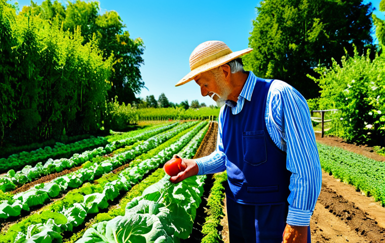 유기농업 자격증 취득 후 업무 변화 - Organic Farmer Inspecting Crops**

A seasoned farmer, fully clothed in work attire, carefully examin...