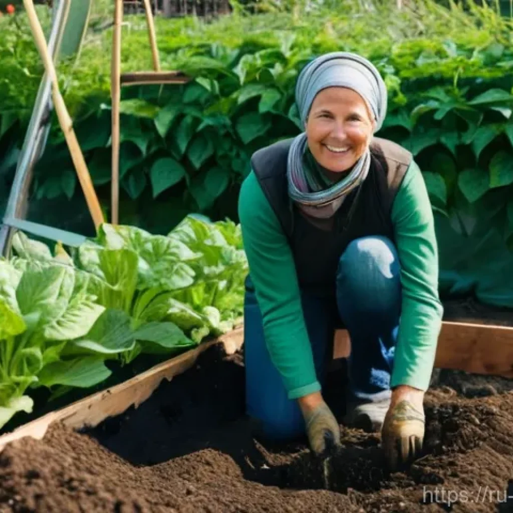유기농업 실기 연습 자료 - **Prompt:** A serene and thriving organic garden, bathed in warm, soft sunlight. A middle-aged woman...