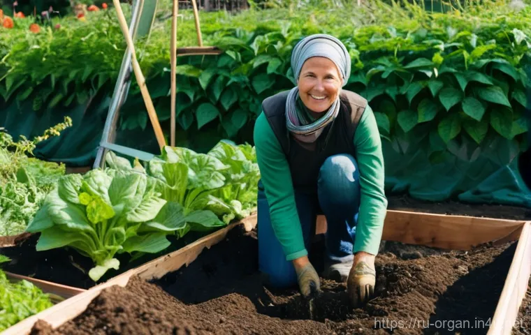 유기농업 실기 연습 자료 - **Prompt:** A serene and thriving organic garden, bathed in warm, soft sunlight. A middle-aged woman...