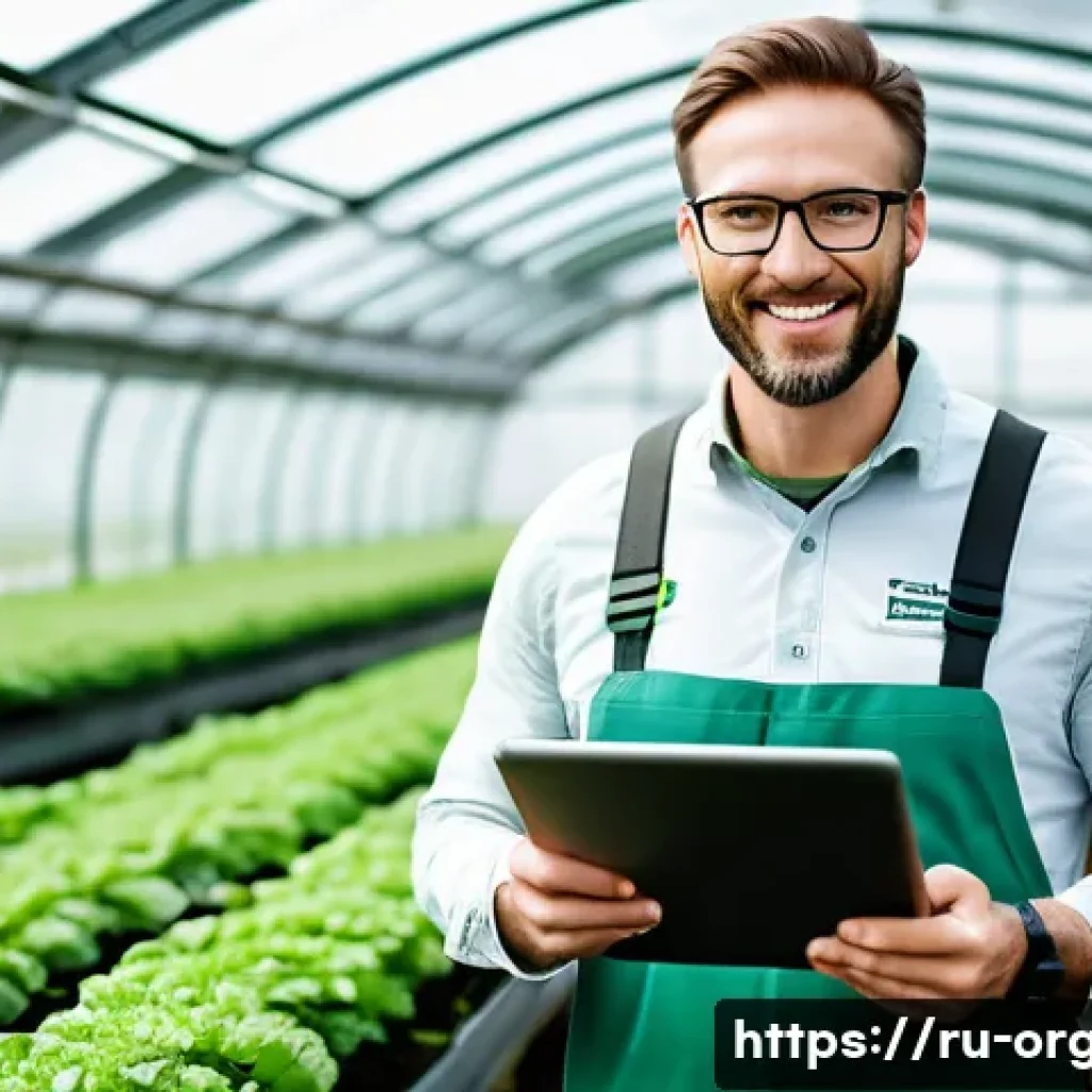 유기농업 자격증 취득 후 보상 - A professional organic farming consultant in a modern greenhouse, wearing practical but neat clothin...