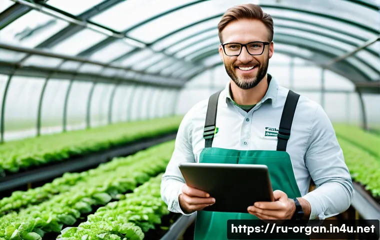 유기농업 자격증 취득 후 보상 - A professional organic farming consultant in a modern greenhouse, wearing practical but neat clothin...