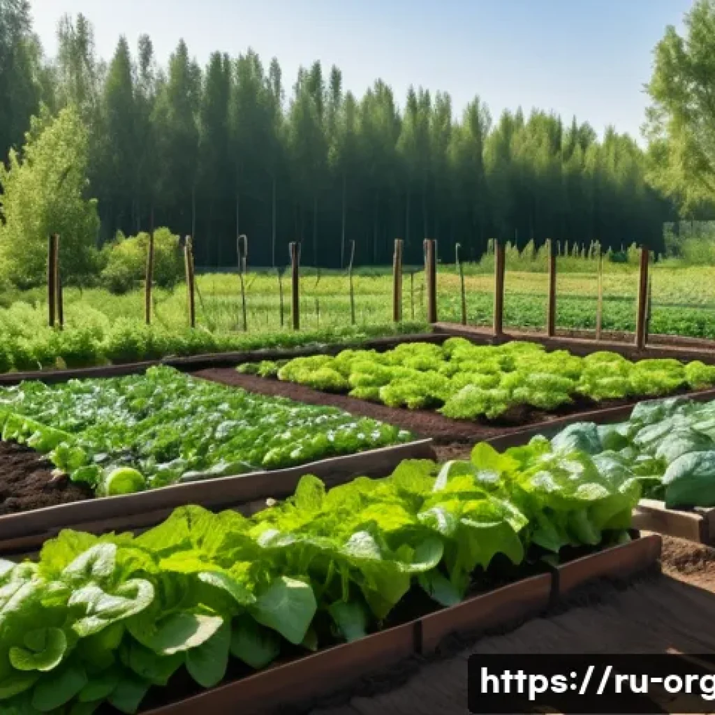 유기농업 실무와 이론 차이 - A detailed organic vegetable garden scene in a Russian countryside setting during spring, showing di...