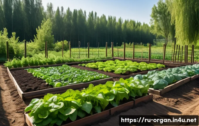 유기농업 실무와 이론 차이 - A detailed organic vegetable garden scene in a Russian countryside setting during spring, showing di...