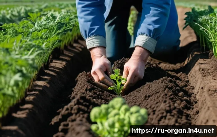유기농업 업무사례 분석 - A vibrant organic farm field in central Russia during early spring, showing healthy soil enriched wi...