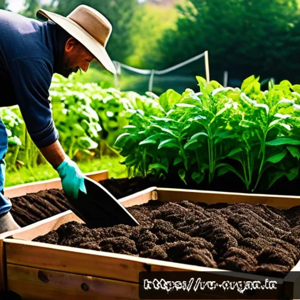 유기농업 실기 문제 해결법 - A vibrant organic farm scene showcasing a farmer spreading rich, dark compost over a vegetable garde...