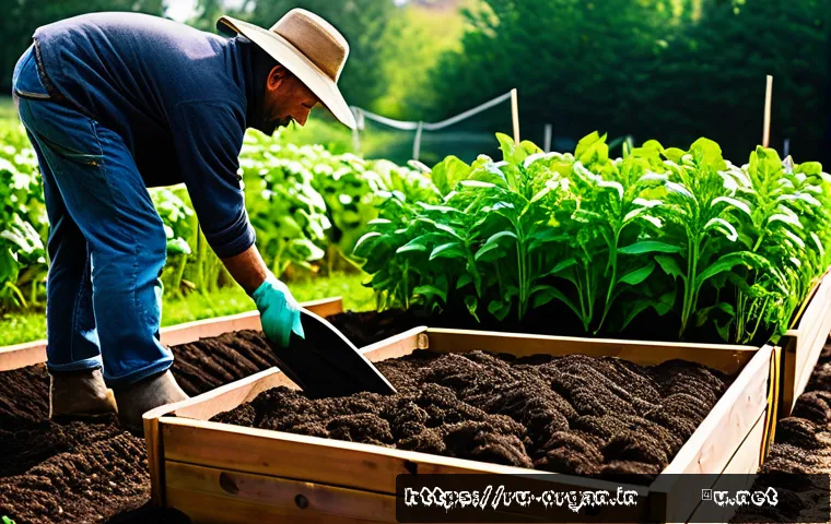 유기농업 실기 문제 해결법 - A vibrant organic farm scene showcasing a farmer spreading rich, dark compost over a vegetable garde...