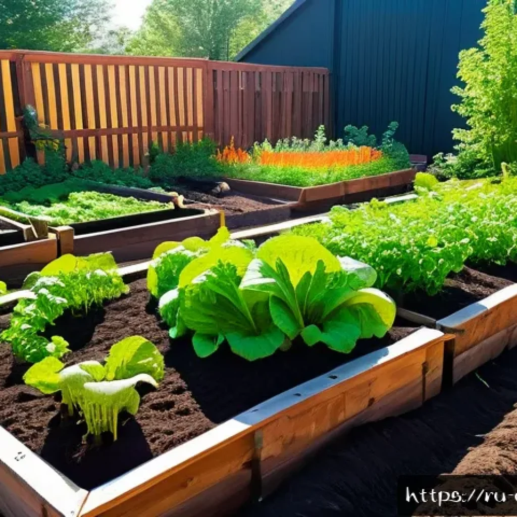 유기농업 실기 연습 강의 - A vibrant organic vegetable garden in a temperate Russian climate, showcasing raised garden beds wit...