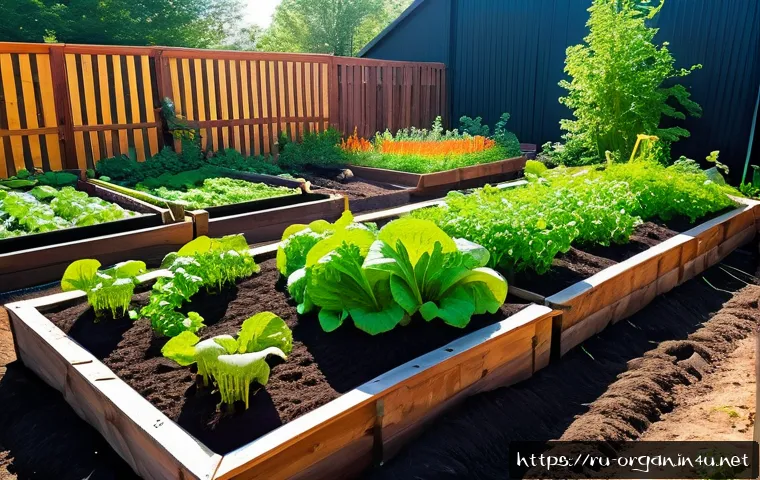 유기농업 실기 연습 강의 - A vibrant organic vegetable garden in a temperate Russian climate, showcasing raised garden beds wit...