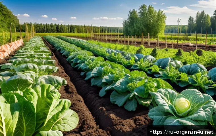 유기농업 현장 실무 - A lush organic vegetable garden in a temperate Russian region during early summer, showcasing rows o...