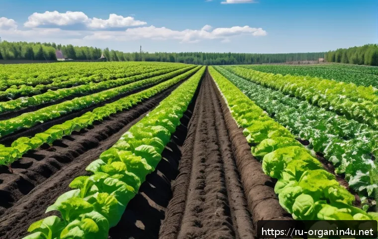 유기농업 분야 진로 - A vibrant organic vegetable farm in the Russian countryside during late spring, showcasing rows of d...