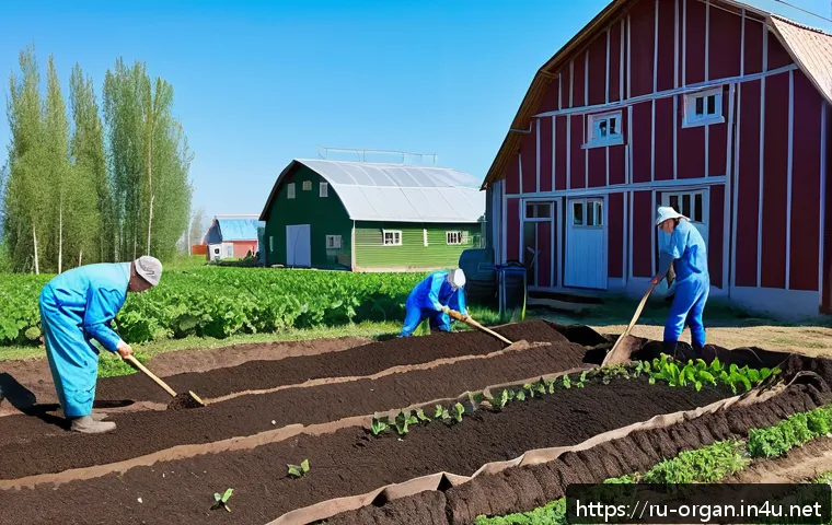유기농업 자격증 취득과정 - A detailed scene of a Russian organic farm during springtime, showing workers in modest farm clothin...
