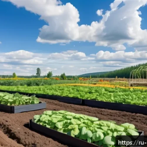 Home 30 유기농업 이론 공부와 실무 기술 습득 - A serene organic vegetable garden in a sunny Russian countryside setting, featuring raised beds with...