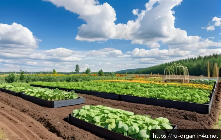 유기농업 이론 공부와 실무 기술 습득 - A serene organic vegetable garden in a sunny Russian countryside setting, featuring raised beds with...