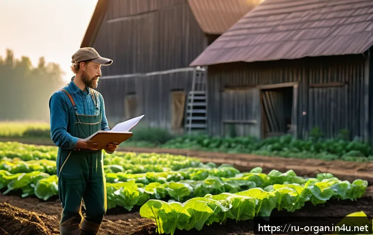 유기농업 연봉 협상 시 유의 사항 - A serene organic farm scene in the Moscow region during early morning light, showcasing a diverse ve...